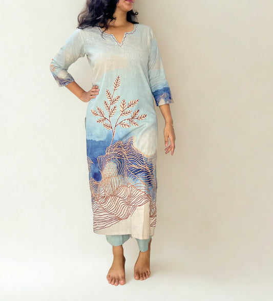 Tivah Ocean Mist Cotton Kurta-Pant Set