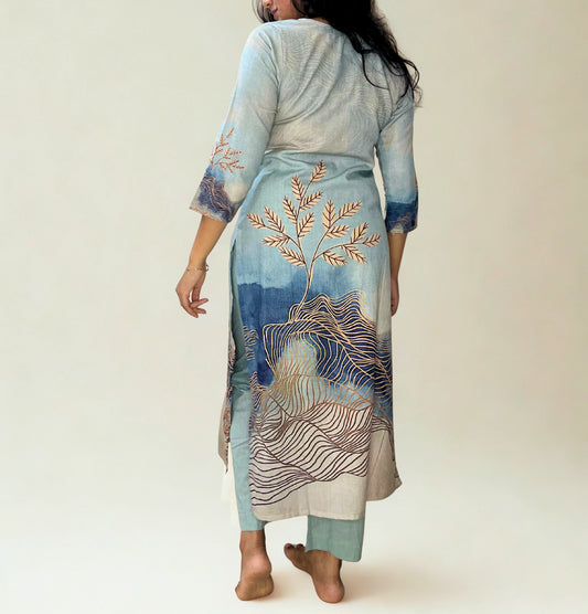 Tivah Ocean Mist Cotton Kurta-Pant Set