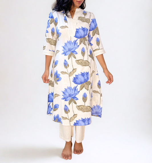 Tivah Azure Bloom Cotton Kurta-Pant Set