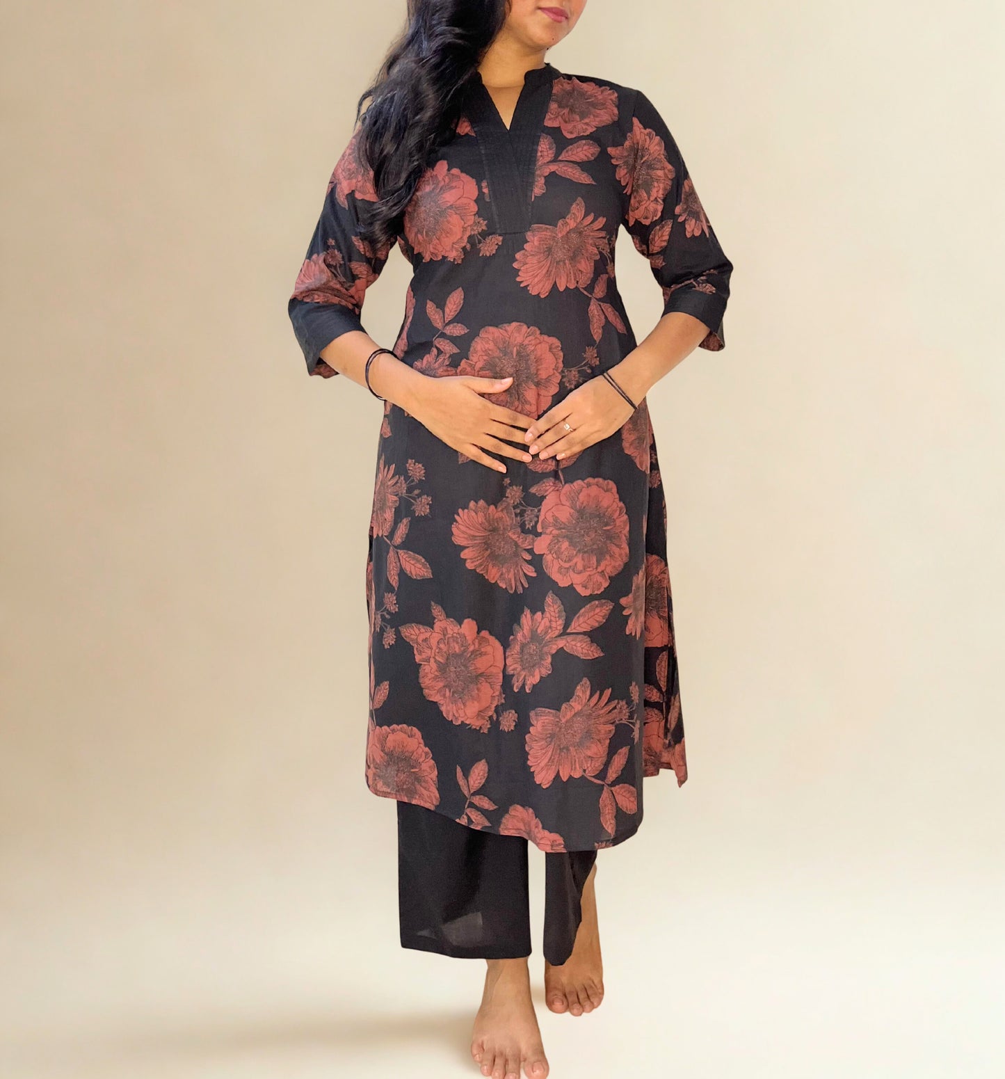 Tivah Noir Petal Cotton Kurta-Pant Set