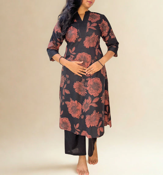 Tivah Noir Petal Cotton Kurta-Pant Set